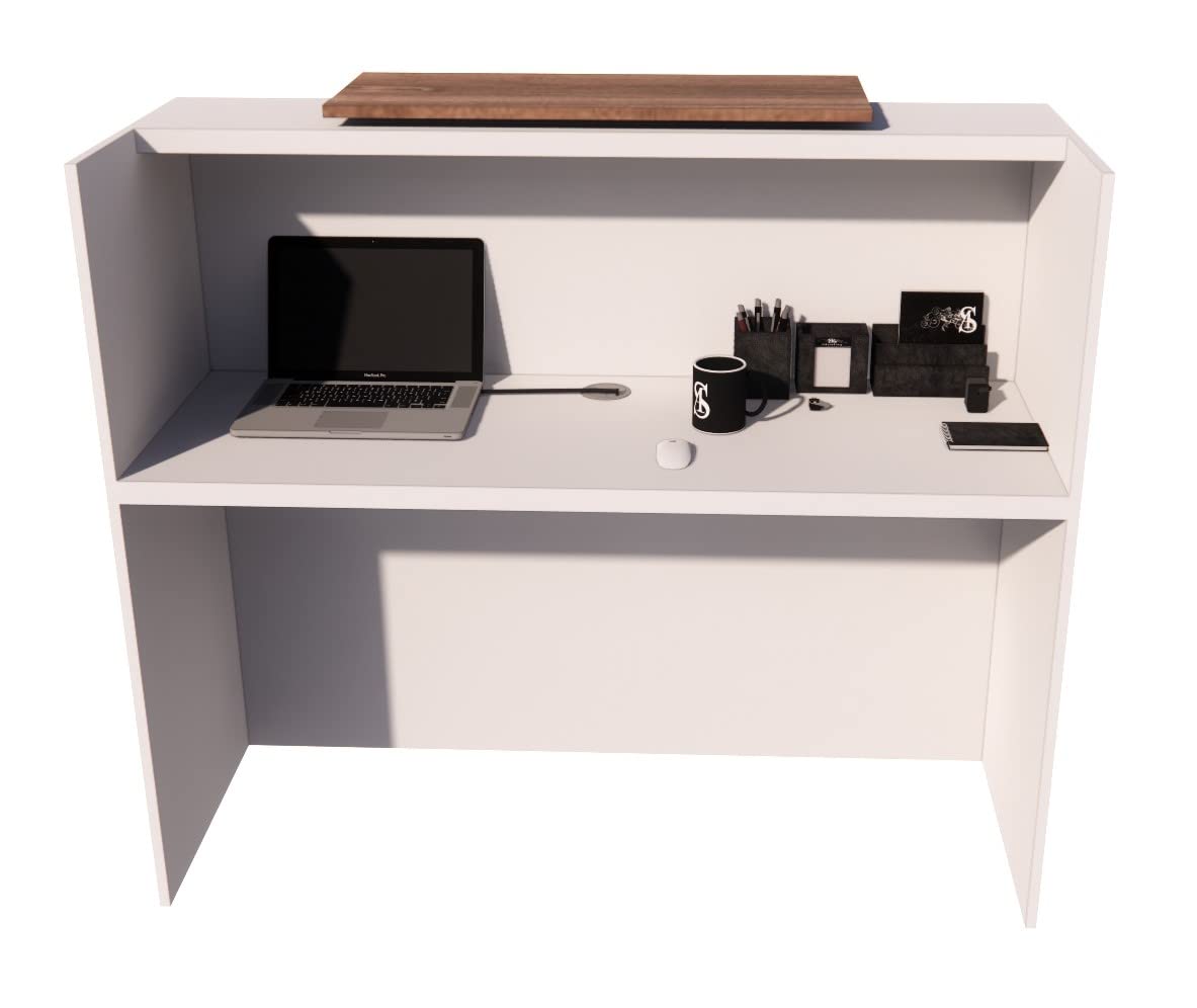 UGOS ICN 53 Inch Contemporary Reception Desk | Multifunctional Modern,Transaction Countertop, Laminate Desktop, Standing Front Table for Office, Home, School, Salon, Spa - White and Teak UGOS