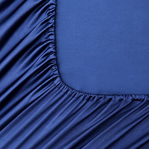 Satin Fitted Sheet, Full Fitted Sheet Only, 1 - Piece Ultra Soft Deep Pocket Single Silk Bottom Bed Sheet Full - Navy Blue Luxbedding