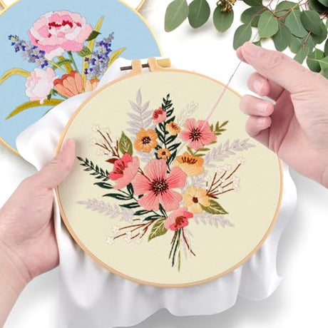 ERKOON Embroidery Kit for Beginners, 5 Sets Flower Cross Stitch Set for Adults Include Embroidery Cloth Hoops Threads for Craft Lover Hand Stitch with Skill Techniques (Bouquet) ERKOON