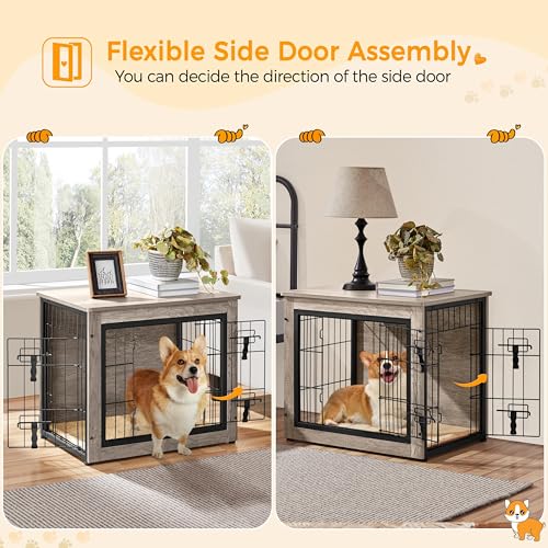 Yaheetech 27.5'' Dog Crate Furniture with Cushion Wooden Dog Crate with Double Doors/Adjustable Feet Side End Table for Small/Medium Dogs, Greige Yaheetech