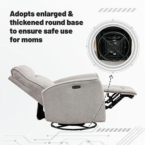 ANJ Power Swivel Recliner Chair, Glider Rocker Recliner with USB Port, Electric Nursery Recliners Sofa Rocking Chairs for Living Room, Bedroom（Grey）
