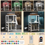 YAKANJ End Table with LED Light,Record Player Stand with Albums Storage,Vinyl Records Storage,Turntable Stand Side Table for Music Room Studio Living Room Bedroom-Rustic White YAKANJ