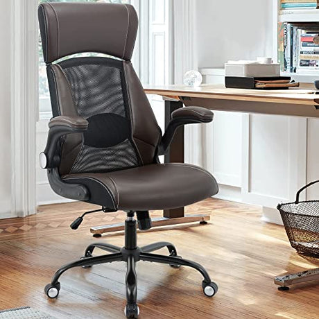 Clearance Executive Office Chair, Ergonomic Leather Desk Chair - Widened Adjustable Headrest with Flip-Up Arms, High Back Computer Swivel Task Chair with Lumbar Support, Brown ZLHECTO