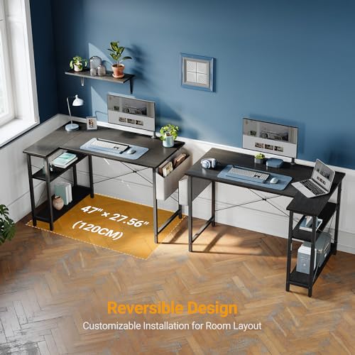 CubiCubi L Shaped Desk, 47 Inch Computer Desk with Reversible Storage Shelves Home Office Corner Desk Study Writing Table, Black CubiCubi