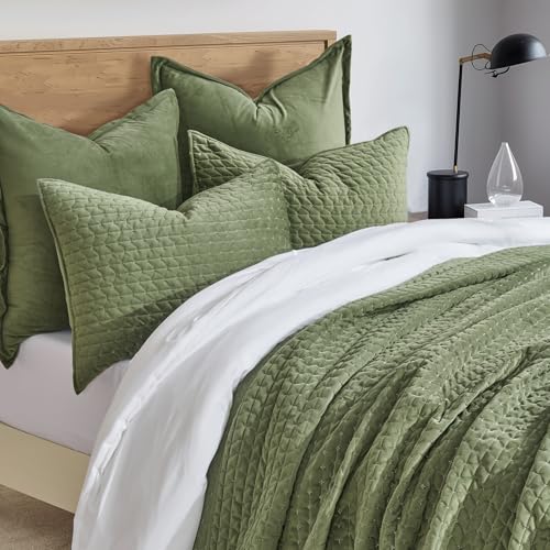 EVERGRACE Luxury Velvet Quilt Set Queen Size 3 Piece, Soft Cross-Stitch Velvet Comforter Set with Pillow Shams, Lightweight Coverlet Bedspread Bedding Set for All Seasons, Loden Green EVERGRACEHOME