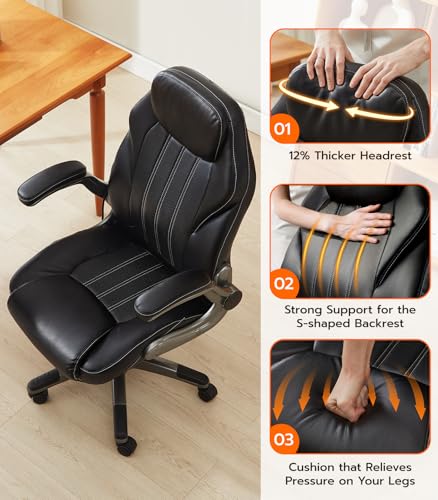 Office Desk Chair, Ergonomic Computer Chair with Padded Flip-Up Arms and Adjustable Lumbar Support, PU Leather Executive Chair with Tilt Lock and 360° Swivel Rolling Wheels for Work, Study Ylzyxal