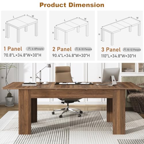 70.8"-110" Extendable Dining Table for 6-12 Person, Wooden Dining Room Table, Modern Extendable Table for Gatherings, Meeting for Small Kitchens, Dining Office Areas(Walnut) Fingertip WD