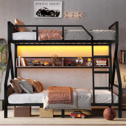 Harper & Bright Designs Twin Over Full Bunk Bed with Storage Shelves and LED Lights, Metal Bunk Bed Frame for Kid Teens, Space-Saving & Noise-Free Design, Black Harper & Bright Designs