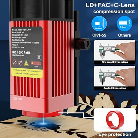 Coolook CK1-55 Laser Engraver, 5.5W Laser Engraving Machine, Laser Cutter for Wood, Metal, Aluminum, Glass, Leather, 500 mm/s Speed, 32-Bit Main Chip Control, 300x300mm Engraving Area Goeson