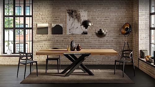 Mobili Fiver, Emma 160 Extendable Dining Table, Rustic Oak with Black Crossed Legs, Laminate-Finished/Iron, Made in Italy - WoodArtSupply