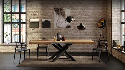 Mobili Fiver, Emma 160 Extendable Dining Table, Rustic Oak with Black Crossed Legs, Laminate-Finished/Iron, Made in Italy - WoodArtSupply