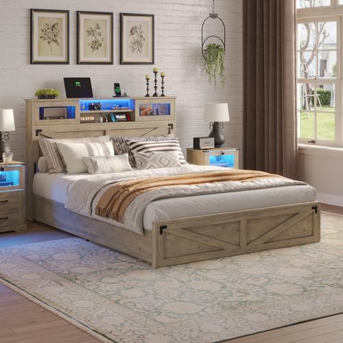 Hasuit Rustic Oak Queen Bed Frame with Bookcase Headboard, LED Lights, Charging Station & 2 Drawers Hasuit