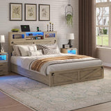 Hasuit Rustic Oak Queen Bed Frame with Bookcase Headboard, LED Lights, Charging Station & 2 Drawers Hasuit