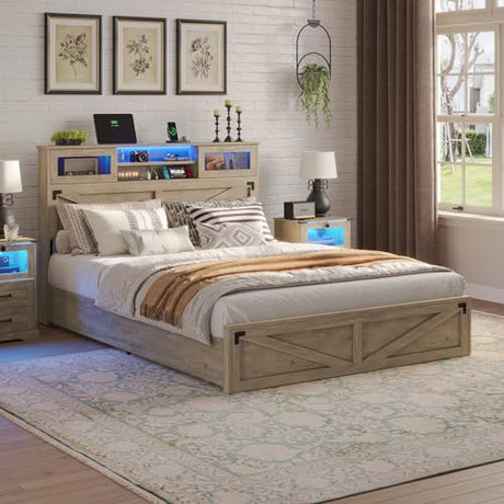 Hasuit Rustic Oak Queen Bed Frame with Bookcase Headboard, LED Lights, Charging Station & 2 Drawers Hasuit