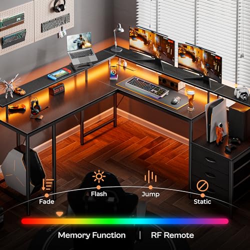 Huuger L Shaped Gaming Desk with LED Lights and Power Outlets, Computer Desk with Drawers, 66.1 Inches Corner Desk, Home Office Desk with Printer Stand, Large Storage Space, Carbon Fiber Blac - WoodArtSupply