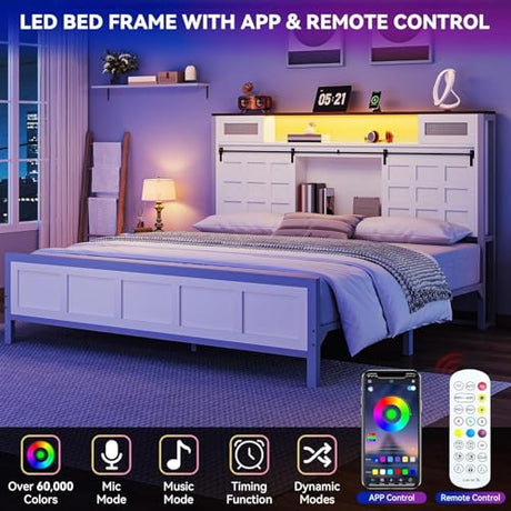 YITAHOME Farmhouse King Size Bed Frame with Charging Station and Led Light, Wooden Platform Tall Storage Headboard Bed Frame, Sliding Barn Door, Metal Slats Support, No Box Spring Needed, White YITAHOME