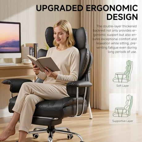 COMHOMA Big and Tall Office Chair, High Back Leather Gaming Chair with Footrest, Executive Ergonomic Office Chair with Pocket Spring Lumbar Support and with Outward Fixed Soft Armrests COMHOMA
