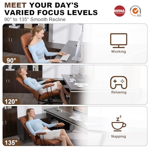 E-Motie Home Office Desk Chair, Ergonomic High Back Leather Computer Chair with Lumbar Support, Adjustable Height & Recline, Swivel Executive Office Chair with Armrests and Rubber Casters, Brown E-Motie