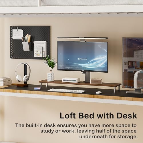 VECELO Loft Bed Twin Size with Desk, Metal Bedframe with Removable Ladder and Safety Guardrail, No Box Spring Needed, Space Saving, Noise Free, Nature&White VECELO