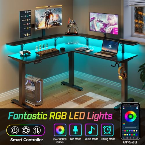 Rolanstar Standing Desk L Shaped with LED Light and Power Outlet, Electric Height Adjustable Computer Office Desk Sit Stand Up with Monitor Stand, Black Rolanstar