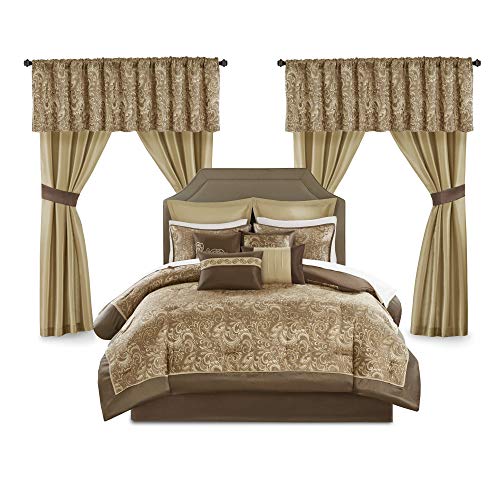 Madison Park Essentials Brystol 24 Piece Room in a Bag Faux Silk Comforter Jacquard Paisley Design Matching Curtains Down Alternative Hypoallergenic All Season Bedding-Set, Queen(90"x90"), Brown Madison Park