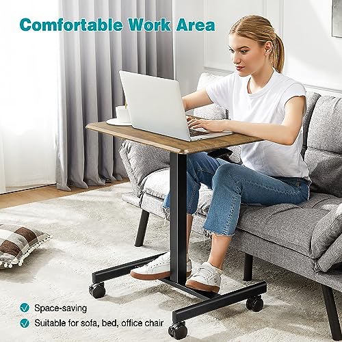 DUMOS Small Standing Desk Mobile Portable Rolling Laptop PC Table on Wheels Adjustable Height Computer Workstation for Home Office, 19 Inch, Brown DUMOS