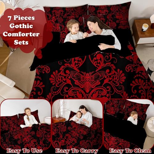 Erosebridal Gothic Damask Bed in a Bag King Size Comforter Set 7 Pieces,Exotic Moth Bedding Sets Red Black Victorian Floral Goth Sheet Set with Comforter Erosebridal