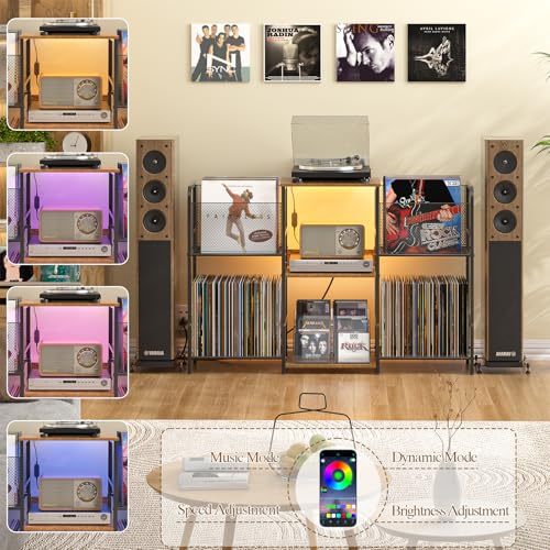 3IngSeagulls Record Player Stand with Power Outlets and LED Light, Turntable Stand Storage Up to 350+ Albums, Record Player Stand with Vinyl Storage, Tuntable Stand with Record Holder for Living Room 3IngSeagulls