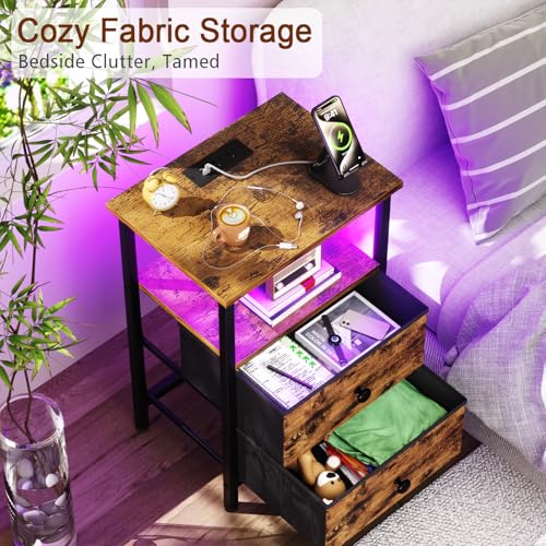 LOAKEKEL Nightstand with Charging Station, End Table with 2 Fabric Drawers, LED Night Stand for Bedroom, Small Bed Side Table with USB Ports and Outlets for Living Room, Brown, HETS02BR-1 LOAKEKEL