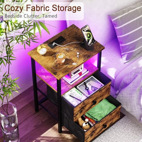 LOAKEKEL Nightstand with Charging Station, End Table with 2 Fabric Drawers, LED Night Stand for Bedroom, Small Bed Side Table with USB Ports and Outlets for Living Room, Brown, HETS02BR-1 LOAKEKEL