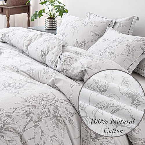 ALEISSEL 100% Natural Cotton 3pcs Floral Duvet Cover Sets-Grayish White Duvet Cover with Gray Luxurious Flowers & Branches Pattern,Botanical Comforter Cover Sets with Button Closure(King,Botanical ALEISSEL
