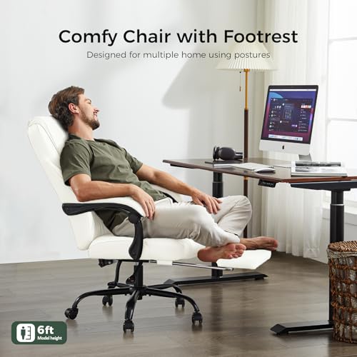 amseatec Office Chair, Big and Tall Office Chair with Foot Rest Ergonomic Chair Home Office Desk Chairs Reclining High Back Leather Chair with Lumbar Support(White) amseatec