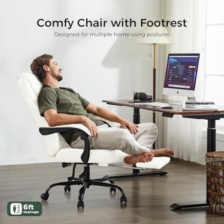 amseatec Office Chair, Big and Tall Office Chair with Foot Rest Ergonomic Chair Home Office Desk Chairs Reclining High Back Leather Chair with Lumbar Support(White) amseatec