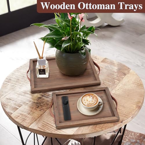 Geevon 2 Set Rustic Wooden Serving Tray with Handles, Large Wooden Ottoman Tray, Nesting Trays for Serving Food, Coffee Table, Stylish Farmhouse Decor Serving Trays, Brown Geevon