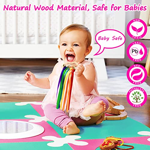 Baby Sensory Ribbon Ring Toys - 2Pcs Rainbow Ribbon Rattle Natural Wooden Ribbon Ring Molar Wood Circle Newborn Teether Sensory Montessori Toy for 6-12 Month Babies Toddler FPVERA