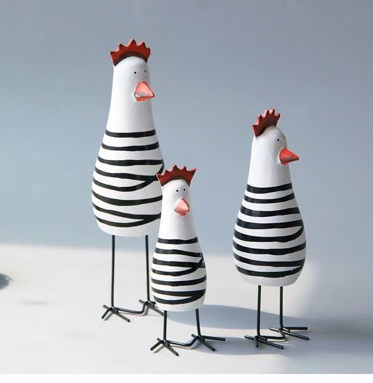 WQKING 3PCS Wood Chicken Rooster Decor Figurines Set Farmhouse Rustic Home Office Decor