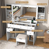 Vanity Desk with Lighted Mirror & Power Outlet, Makeup Vanity Table with 5 Drawers & 2 Cabinets, Large Vanity Set with Stool, Glass Top, Sliding Jewelry Storage Shelves, for Women Girls, White chartustriable