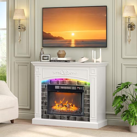 VINGLI 43'' Fireplace TV Stand for up to 55 inch TVs, Electric Fireplace with Mantel, Modern Entertainment Center with Adjustable LED Lights Strips, White Fireplace for Living Room ＆ Bedroom, White VINGLI