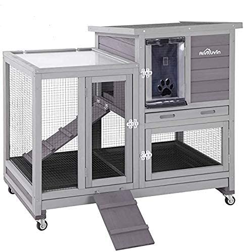 Aivituvin Rabbit Hutch, Indoor Bunny Cage with Run Outdoor Rabbit House with Two Deeper No Leak Trays - 4 Casters Include (Grey) - WoodArtSupply