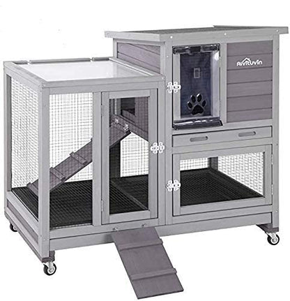 Aivituvin Rabbit Hutch, Indoor Bunny Cage with Run Outdoor Rabbit House with Two Deeper No Leak Trays - 4 Casters Include (Grey) - WoodArtSupply