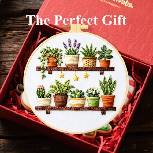 Zhenqing Plant Shelf Embroidery Kit for Beginners, Pre-Printed 29x29cm Circular Cotton Fabric with 20cm Hoop, Cozy Indoor Garden Design for Home Decor (JC0016)