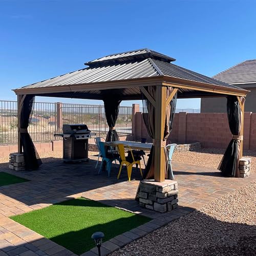 12’ x 16’ Hardtop Gazebo Outdoor Aluminum Wood Grain Gazebos with Galvanized Steel Double Canopy for Patios Deck Backyard,Curtains&Netting by domi outdoor living - WoodArtSupply