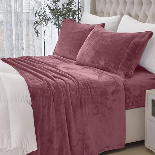 Elegant Comfort Luxuriously Soft 4-Piece Velvet Plush Flannel Sheet Set - Premium Quality - Cozy Warm, Anti-Static, Non Pilling Fuzzy Velvet Flannel Fleece Deep Pocket Sheet Set - Twin XL, Rose Elegant Comfort
