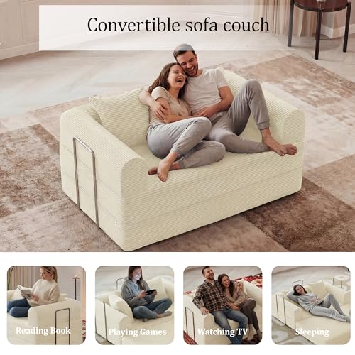 HouseMila 59" Boneless Couch,4-in-1 Futon Sofa Bed Modular Loveseat Sleeper Folding Compressed Couch with Pillows,No Assembly Required Convertible Sofa Bed for Living Room Bedroom Guest Room,Beige HouseMila