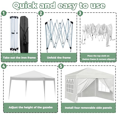 10X10FT White Pop Up Canopy Party Tent, Outdoor Commercial Instant Gazebo with 4 Removable Sidewalls for Events, Wedding, Backyard, Patio, Easy Set Up Sun Shade with Carrying Bag Usnipoya
