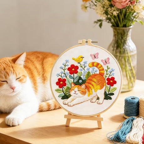 BEUNITONE 6 Set Varieties Cat and Flowers Embroidery Kit for Adults Beginners, Pre-Stamped Pattern Needlepoint Kits with Hoop, Tools, Instruction, Hand Embroidery Kits for Gifts, Fabric and Home Decor BEUNITONE