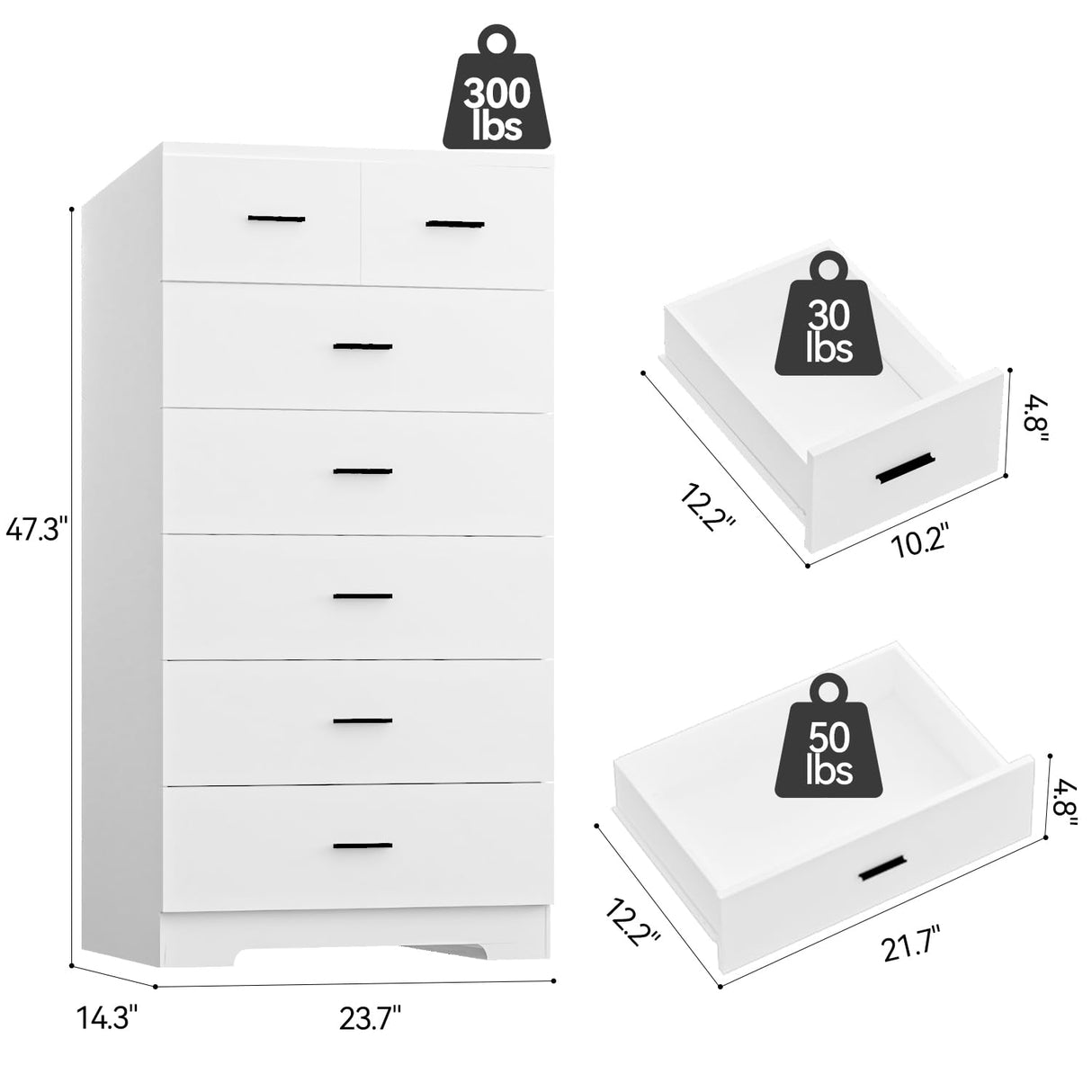 FJTJBSI 47.3" Tall Dresser for Bedroom Chests of Drawers with Charging Station 7 Drawer Dressers with Metal Slide Rail Modern Wood Closet Organizer with Large Storage for Home Office Entryway FJTJBSI