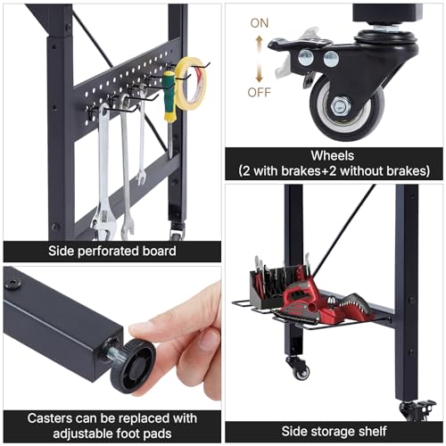 48" Adjustable Height Workbench with Pegboard, Work Benches for Garage, Heavy Duty Wood Top Work Bench with Wheels, 2000 LBS Load Capacity, Rolling Work Table with AC/USB Outlet Storage Shelf Hooks Zevemomo