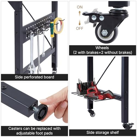 48" Adjustable Height Workbench with Pegboard, Work Benches for Garage, Heavy Duty Wood Top Work Bench with Wheels, 2000 LBS Load Capacity, Rolling Work Table with AC/USB Outlet Storage Shelf Hooks Zevemomo