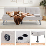HAOMARKETS Futon Sofa Bed with USB Charging Port, Convertible Futon Couch with 2 Cup Holders,Modern Folding Loveseat Sleeper Couches for Small Spaces, Living Room, White HAOMARKETS